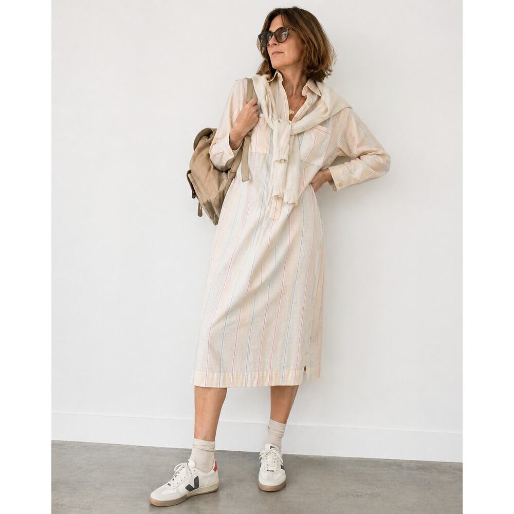 Vintage 80s Shirt Dress Size M Cream Striped Preppy Twee Vintage Country Club